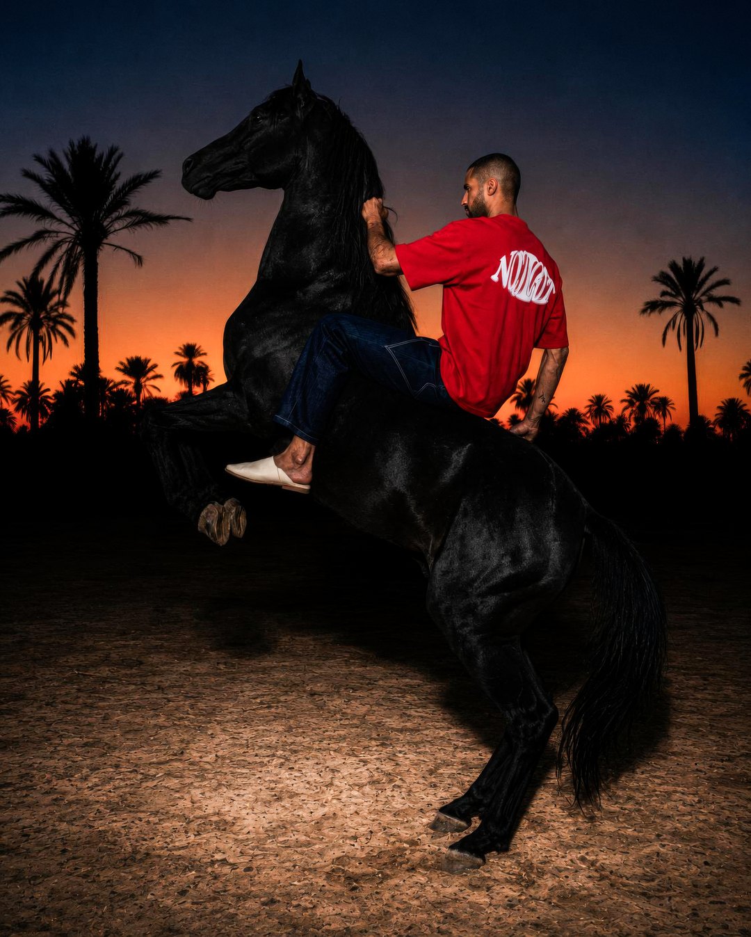 Post Instagram, cavalier sur un cheval cabré au coucher du soleil